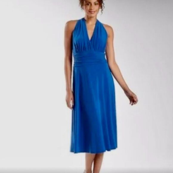 Evan Picone Electric Blue Halter Neck Pleated A-Line Dress Size 10P - Picture 1 of 8